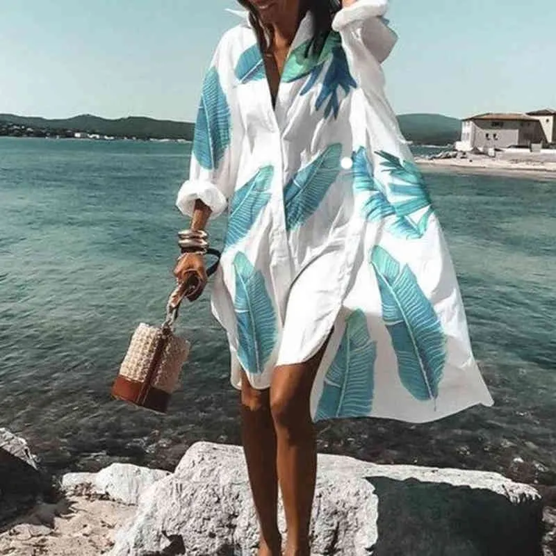 Printemps été femmes col en V bouton imprimé robe décontracté élégant manches longues chemise irrégulière robe lâche Sexy plage robes de soirée X0521