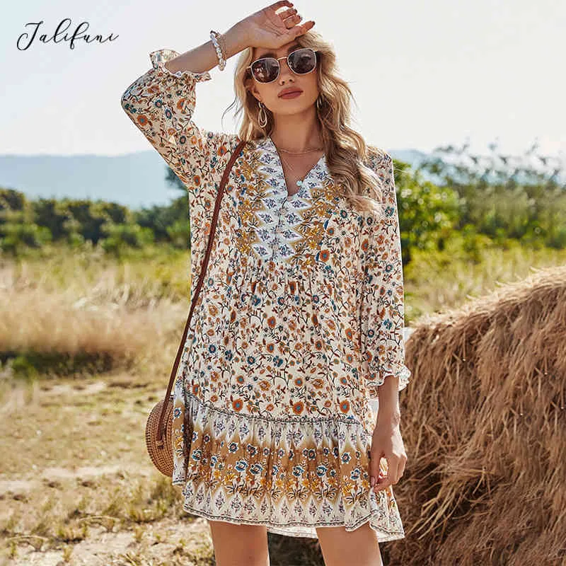 Nova Chegada Primavera Boho Imprimir Dress Mulheres Casual Butterfly Manga V Neck Curto Vestido para Mulheres Moda Solto Verão Vestido 210415