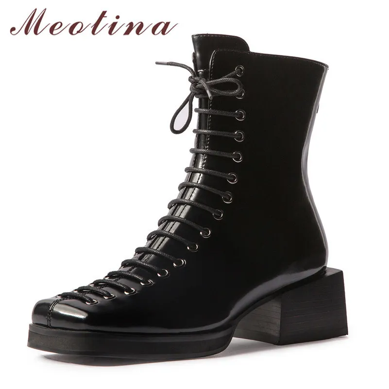 Meotina Kadınlar Ayak Bileği Çizmeler Ayakkabı Platformu Yüksek Topuk Kısa Çizmeler Kare Toe Blok Topuklu Zip Lace Up Çizmeler Lady Sonbahar Kış 40 210520