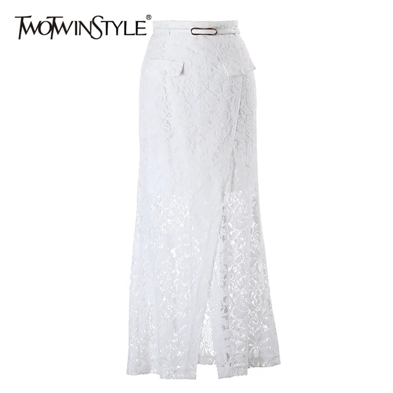 Branco elegante retalhos lace saia para mulheres cintura alta split coreano magro midi saias femininas estilo moda estilo 210521