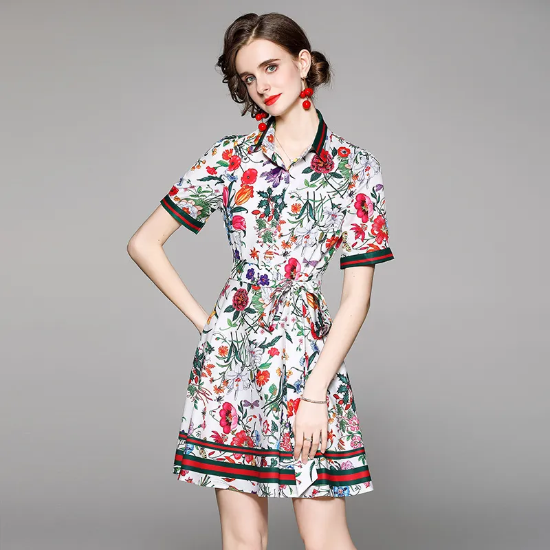 Bow Boutique Printed Dress Short Sleeve OL Summer Dress High-end Fashion Sweet Lady Dresses Party Dress