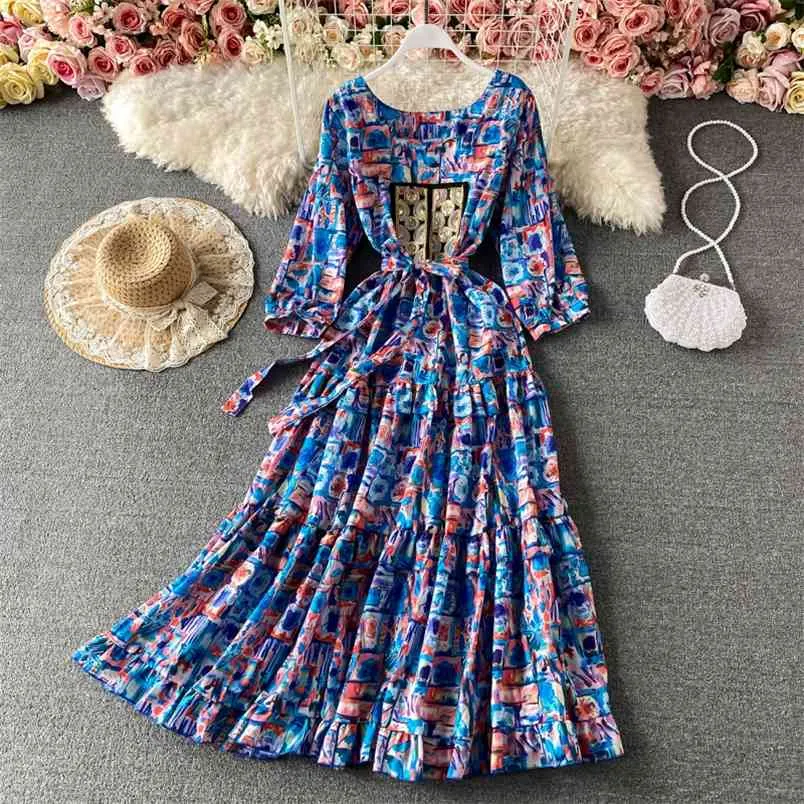 Estilo étnico simi feriado asiático ruffled maxi vestidos redondos pescoço lanterna mangas cintura grande balanço impressão vestido gk435 210506