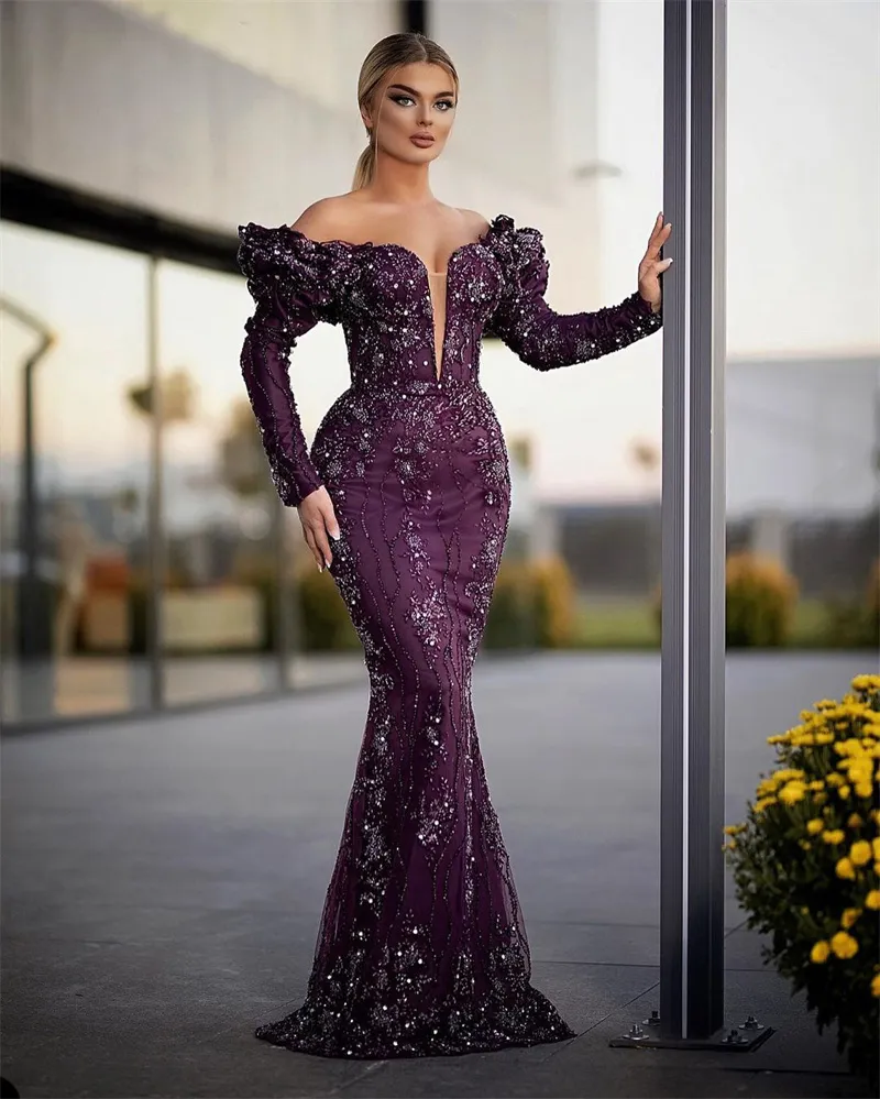 Elegant Purple Mermaid Prom Dresses Off Shoulder Lace Appliques Beads Evening Dress Custom Made Puffy Lace Appliques Party Gown