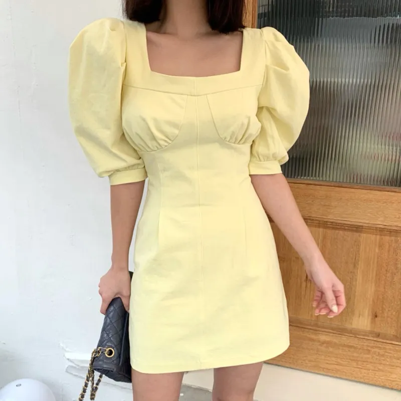 Square Collar Midi Dresses Vestido Yellow Exposed Clavicle Waist White Modern Lady Dress Puff Sleeve 16W673 210510