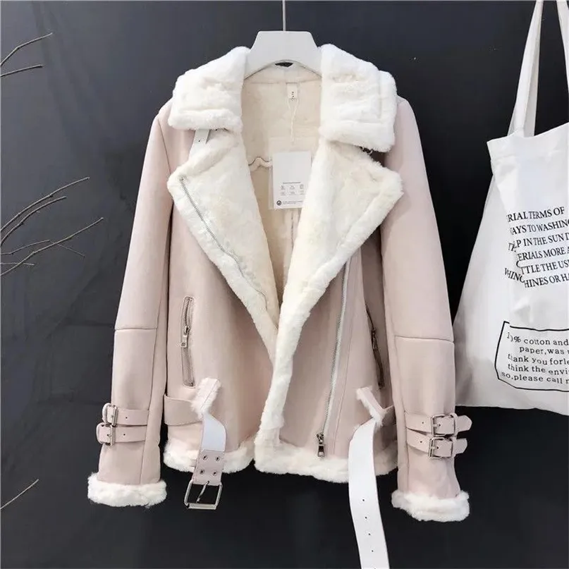 Vrouwen winter suede lam koude dagen jas dikke warme jas korte motor riem tops wol schapenvacht uitloper losse Korea 211018