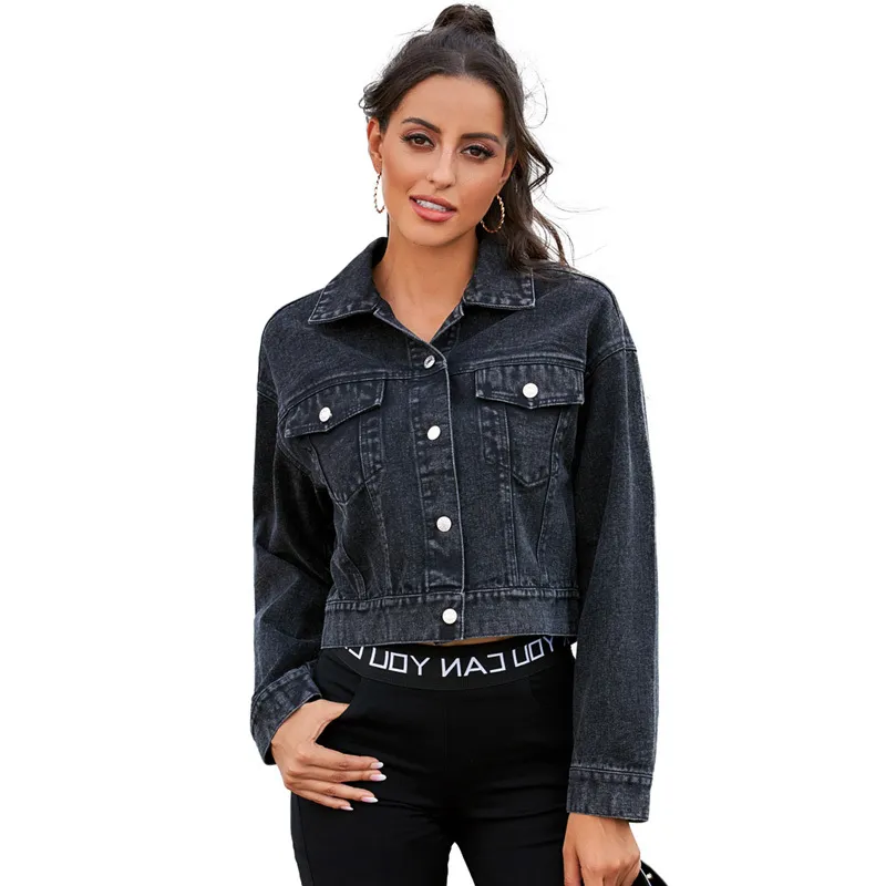【AAKE】BLACK DENIM CROP JK Black Denim Single-Breasted Crop denim jacket for Women