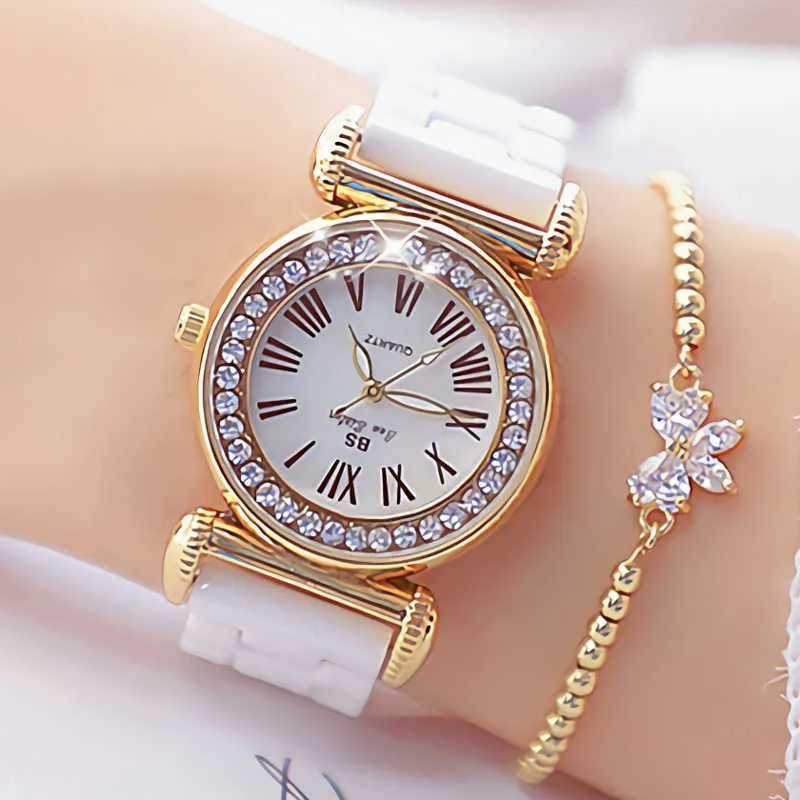 Kvinnors Klockor Lyx Märke Fashion Dress Kvinna Guld Klockor Kvinnor Armband Diamond Keramisk Klocka För Tjej Reloj Mujer 210527