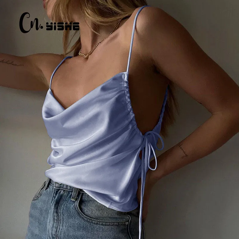 CNYISHE Sexy Femmes Sans Manches Satin Camisloes Élégant Femme Sauvage Sangle Tops D'été Streetwear Bandage Solide Camis Femmes Blusas 210419