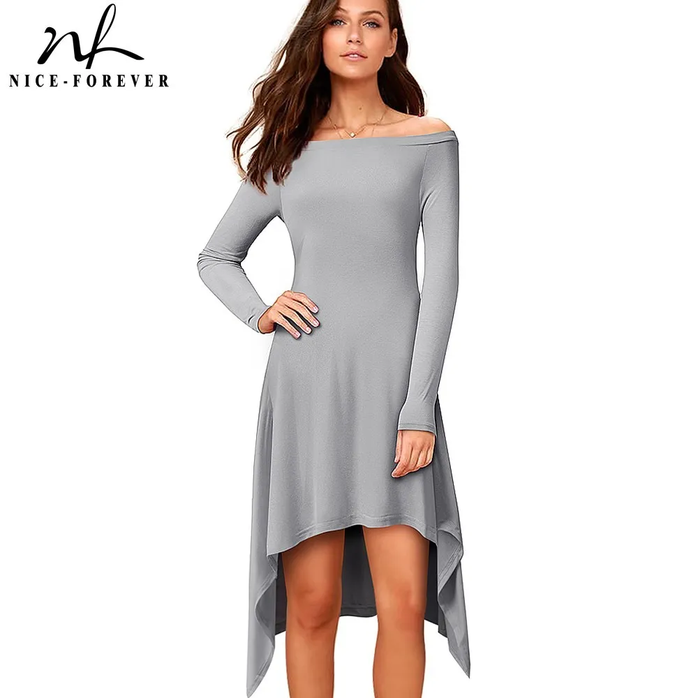 Nice-Forever Outono Mulheres Moda Slash Pescoço Camisa Vestidos Casuais Vestido de Deslocamento Oversizado 1BTYA183 210419