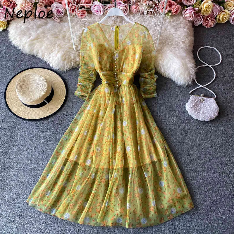 Neploe Holiday Bohemian Drukuj Długa Sukienka Kobiety V Neck Długi Rękaw Sweter Vestidos High Waist Hip a Line Slim Szata Wiosna 210423