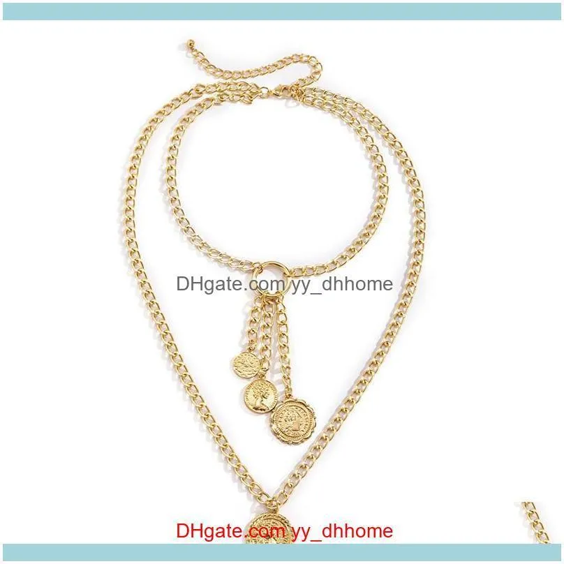 2pcs/set Retro Gold Silver Color Coin Chain Long Tassel Pendant Necklace For Women Girl Metal Portrait Double Layer Necklaces