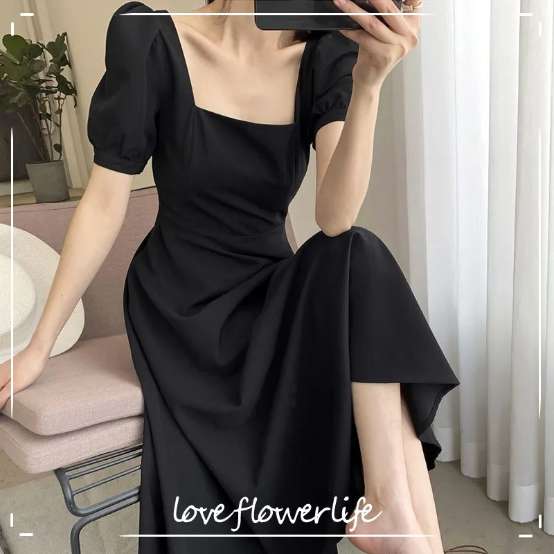 Quadratischer Kragen Schwarz Freizeitkleider für Frauen Kurzarm Elegantes Midikleid Kleid Koreanische Bürodame Sommer Chic 210521