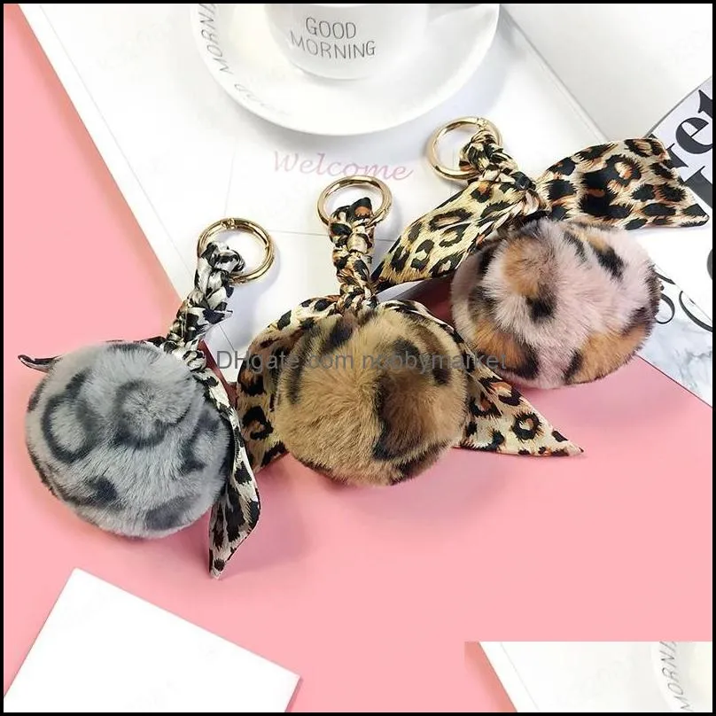 Schlüsselanhänger Schmuck Kunstkaninchenfell Kugelkette Pompon Leopard Plüsch Herz Schlüsselanhänger Pom Runde Schmuckstück Auto Tasche Anhänger Ring Geschenk Drop Lieferung 2