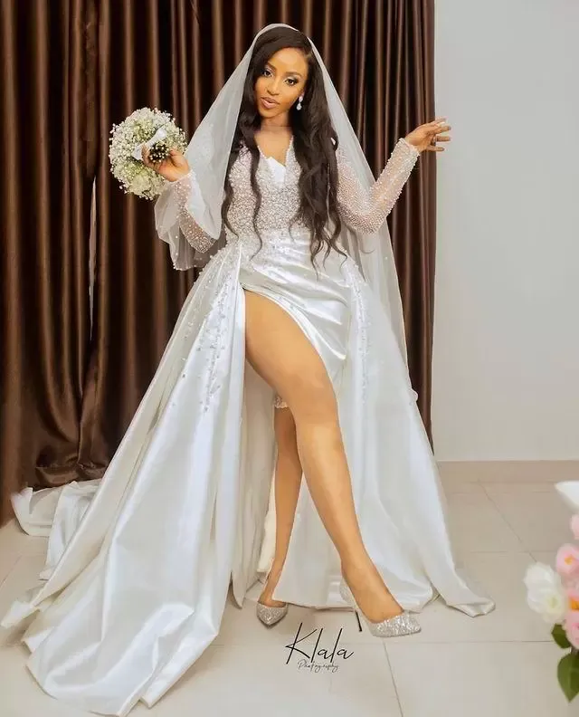 2022 Beaded plus size bridal outfits with Long Sleeves, Sheer Neckline, High Split, and Sweep Train - Custom Made for Country Weddings (Style 401 401)