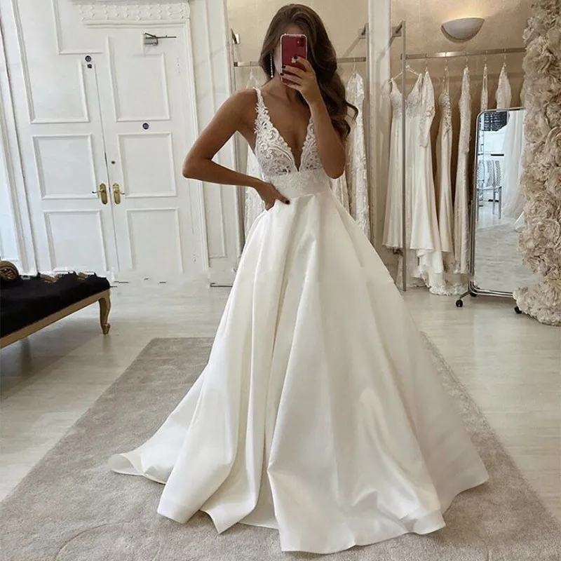 2021 Sexy A Line Beach Wedding Dress With Deep V Neck Straps And Sweep Train Plus Size Halter Wedding Gown From Sexybride 91.31 DHgate.Com