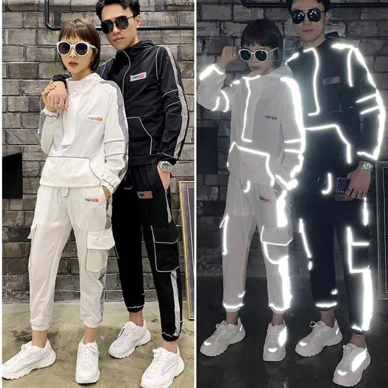 Mode Hip Hop Singer Dancer Stage Wear Kleding Mannen 2 Stks Reflecterende Stripe Suits Sets (jas + Pant) Custom Made Cool Man X0909