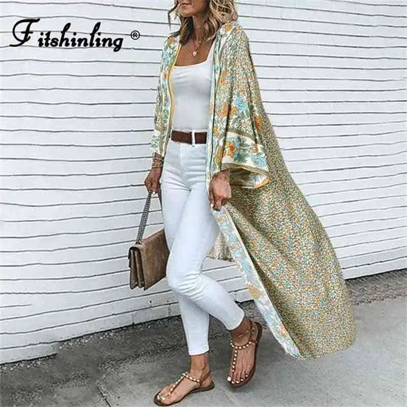 Fitshinling coton imprimé plage kimono couvrir avec ceintures bohème mince été long cardigan surdimensionné bikini sortie vacances 210722