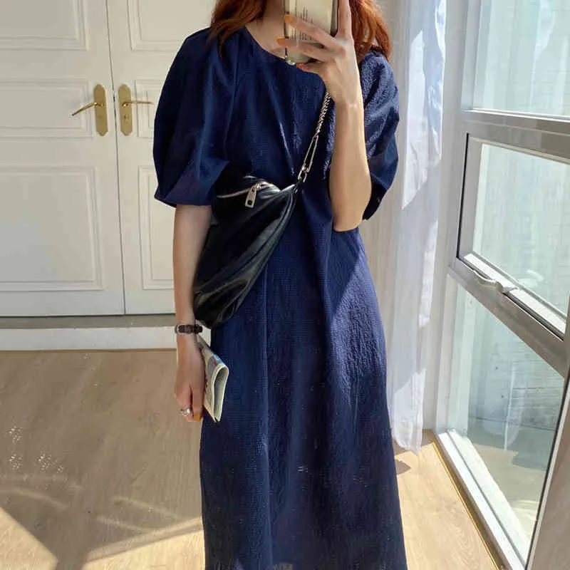 loose puff sleeve dress YELLO Loose Puff Sleeve Midi Linen Dress