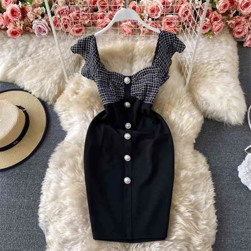 Verano moda coreana Plaid todo-fósforo Oficina señora trabajo vaina ceñido vestido mujeres Vintage Sexy Mini Vestidos bata 210514