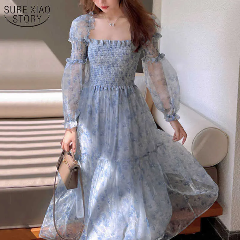 Summer Lace Elegant Midi Dres Puff Sleeve Square Collar Boho Beach Floral Dress Female Party Dress Korean 14514 210528