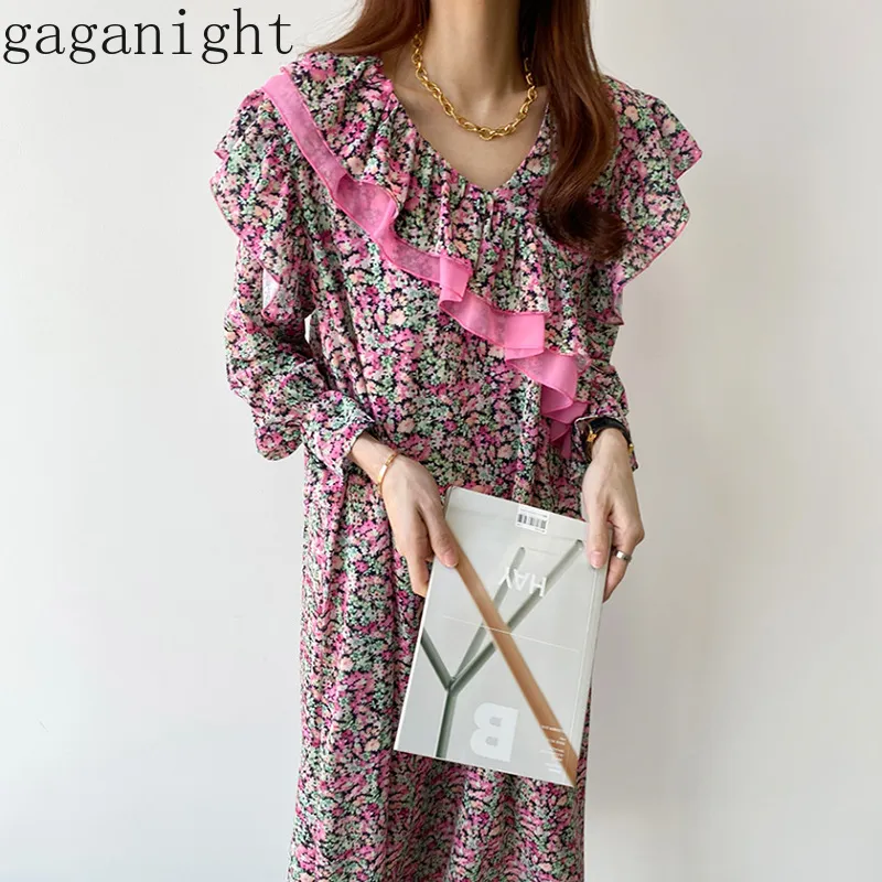 Gaganight Volants Femmes Maxi Robe Manches Longues Col V Sweet Girls Robe Moulante Casual Lâche Fleur Mode Printemps Robes 210519