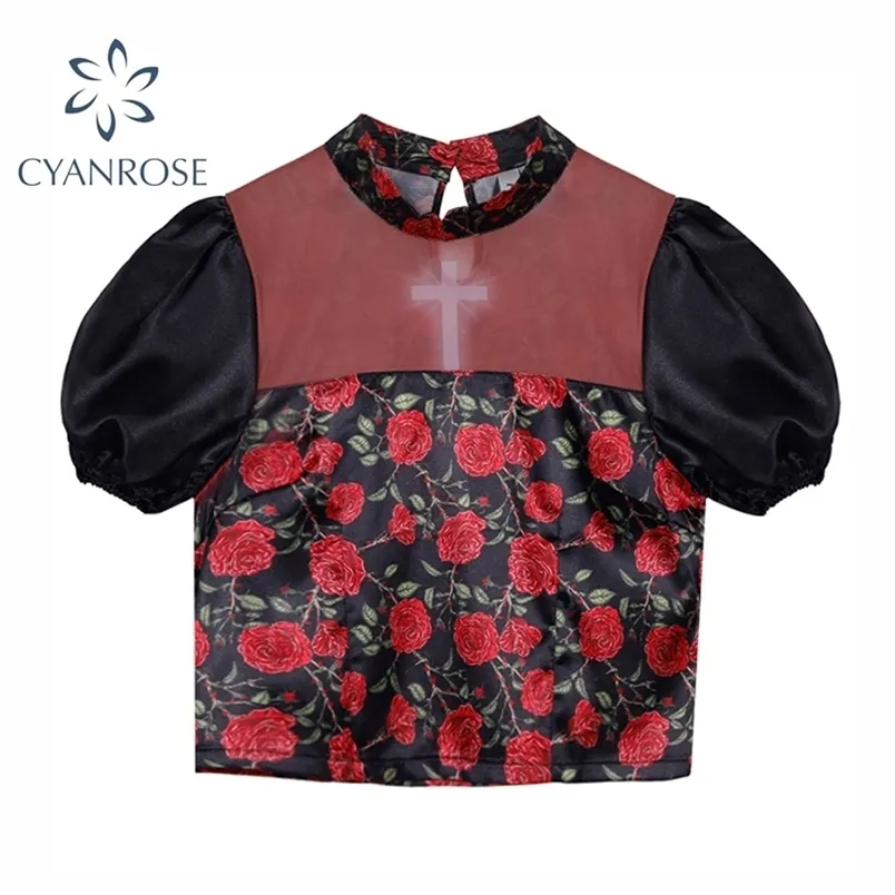 Yaz Puf Kısa Kollu Cheongsam kadın Bluz Kore Casual Vintage Çiçek Baskı Kadın Flanel Gömlek Top 210515