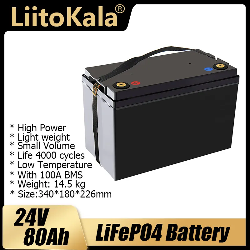 Liitokala 24 v 70ah 80ah lifepo4 batterie au lithium avec 100a bms pour onduleur panneau solaire scooter lumière d'énergie de bateau de rechange