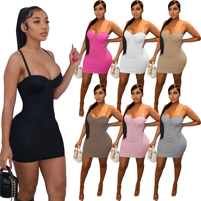 Grossistklänningar Sommar Kvinnor Bodycon Klänning Spaghetti Remmar Minikjol Nattklubbskläder Sexiga Paket Hip Klänning Solid svart minikjol Bulk 6980