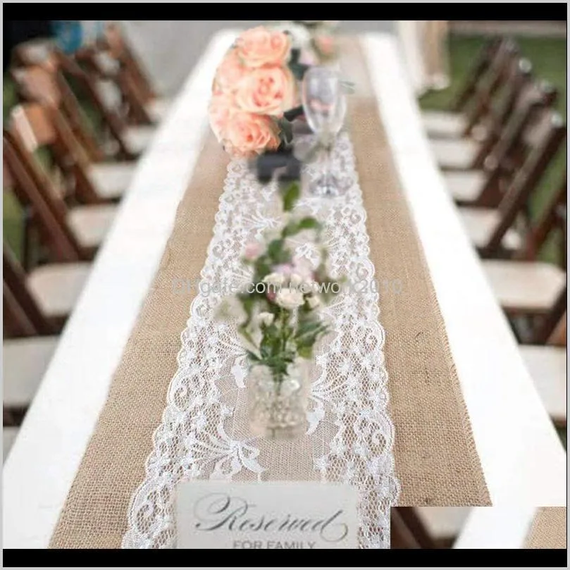 vintage table runner natural hessian burlap with white lace for rustic festival wedding party baptism decoration 30cm x 275cm