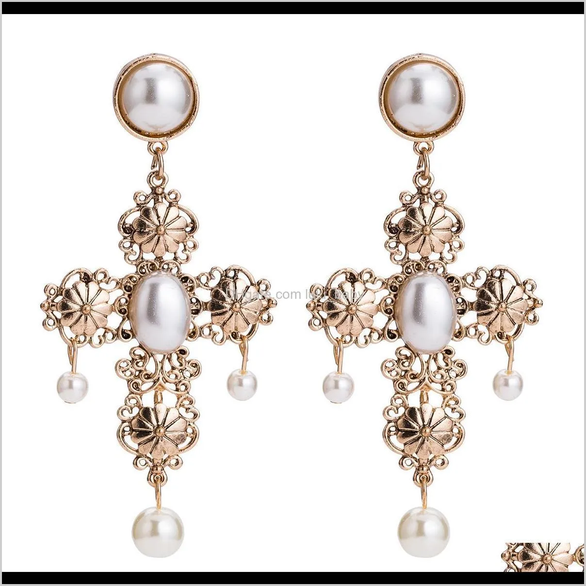 exaggerated alloy cross flower imitation pearl earrings women`s high-end court wind earrings fashion versatile