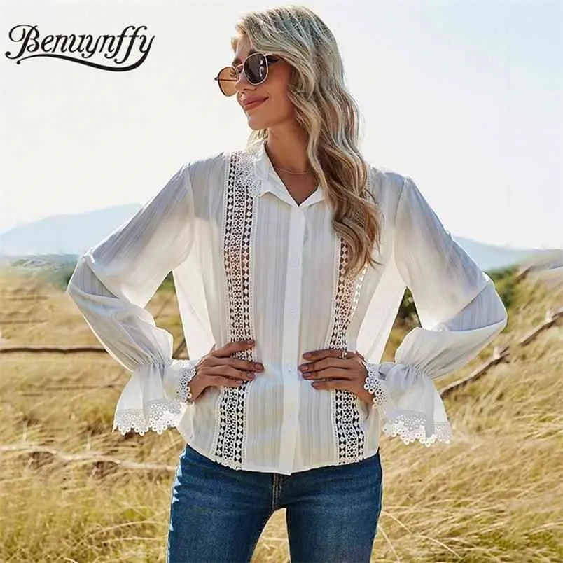 Stand Collar Hollow Out White Shirt Women Spring Lace Patchwork Tops Blouses Long Sleeve Female Casual Button 210510