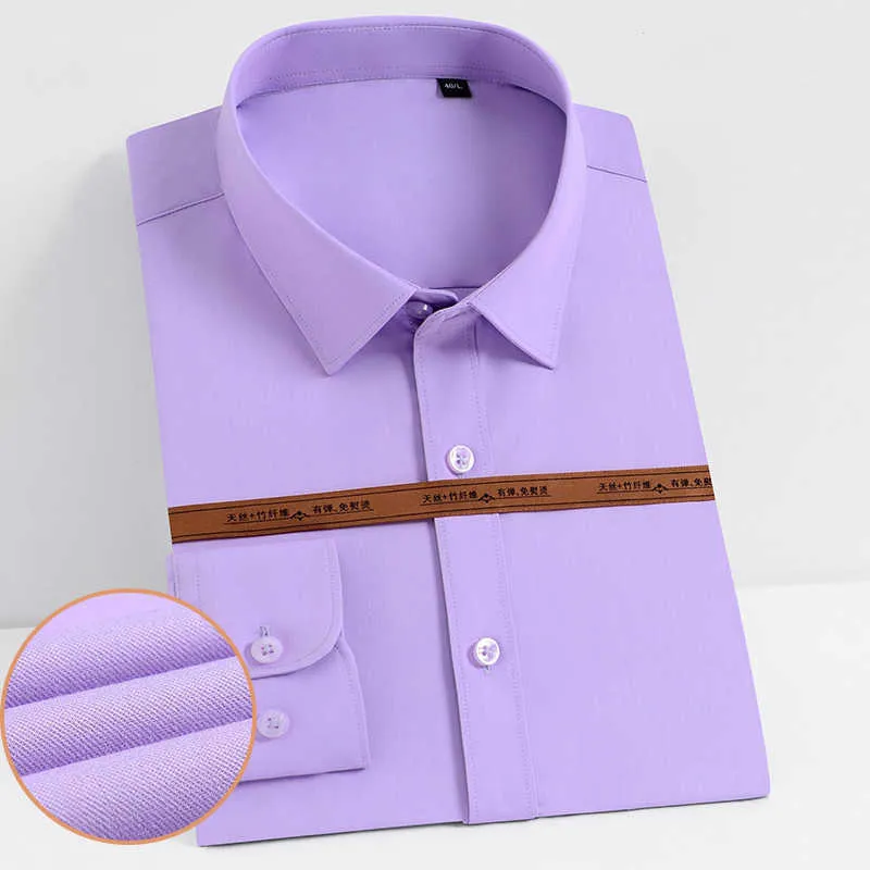 Casual Business Shirts Men Long Sleeve Purple Dress Shirts Man Solid Button Bamboo Fabric Fit Easy Care Male Wedding Blouse 210609