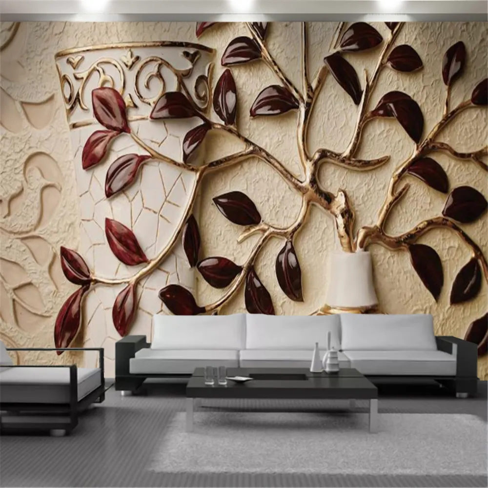 3d Wallpaper Living Room Wall Papers Embossed Red Leaf Vase Home Decor Painting Mural Waterproof Antifouling Wallpapers