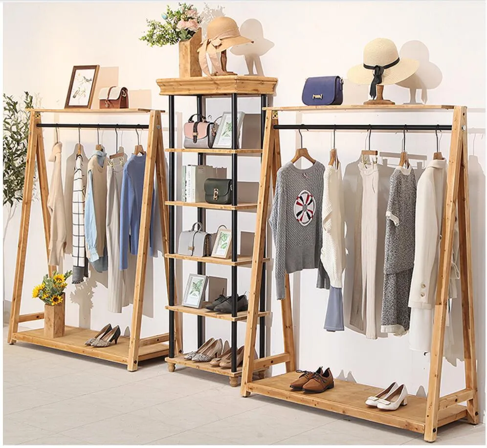 Ropa minimalista para hombres y mujeres Guardarropa Almacenamiento de madera maciza Tienda de ropa Estante Estantes de exhibici n Tipo de piso Ropa