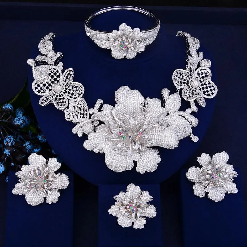 Серьги Ожерелье Larrauri 4pcs Blossom Flower African Big Jewelry Set для женщин свадебный циркон кристалл Cz Bridal