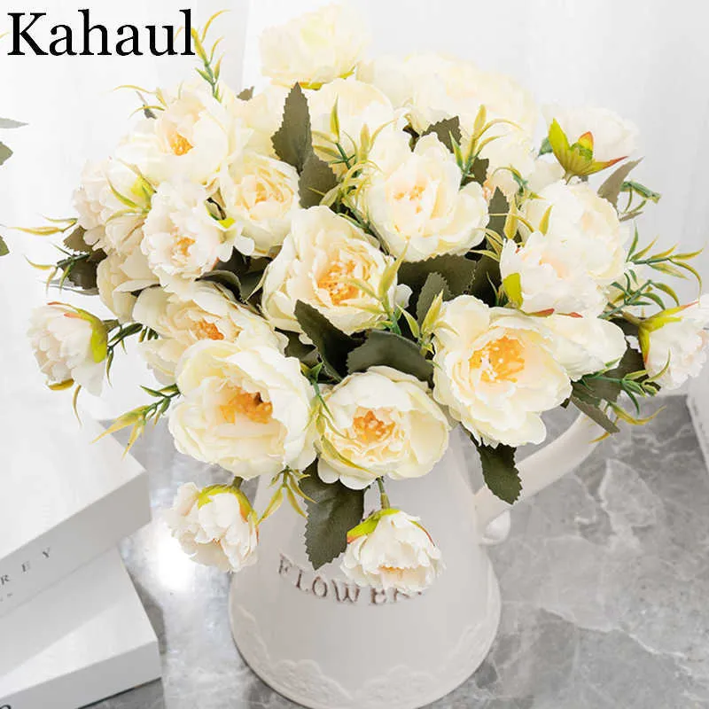 NEW Beautiful Peony Artificial Flowers White Bouquet for Wedding Home Decoration Vintage Silk Fake Flower Christmas Decor Wreath Y0630