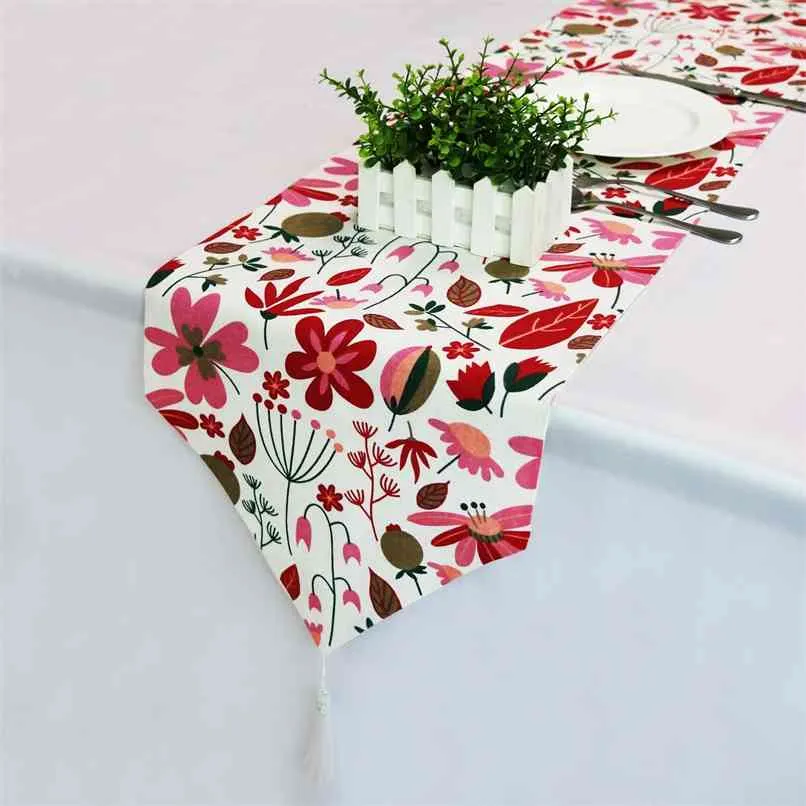 Modernt bord löpare blomma löpare geometrisk tryckt linne bomull flagga för bröllopsfest jul hem dekoration 210628