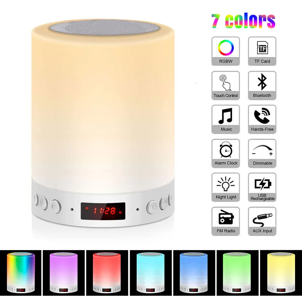 Lâmpadas de mesa Lâmpada de alto-falante Bluetooth, luz de noite de LED inteligente com despertador 3 Entre em contato com modos dimmable e 7 cores