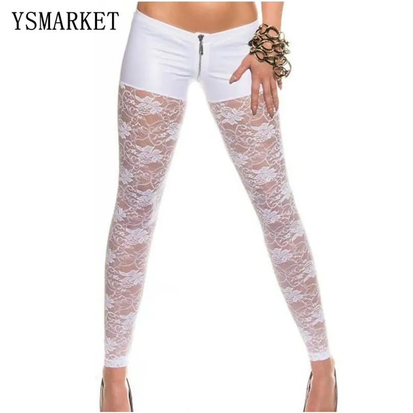 Women Low Waist Sexy Transparent pu leather Lace Leggings Slim Fitness Pants Casual Hollow Out Female Night Club Wear 210925