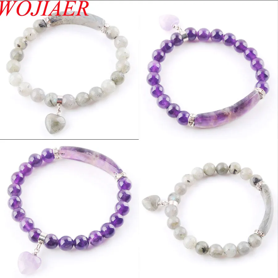 WOJIAER pierre naturelle améthyste Quartz perles brin Bracelets Bracelets en forme de coeur charme ajustement Couples bijoux cadeaux d'amour BK333