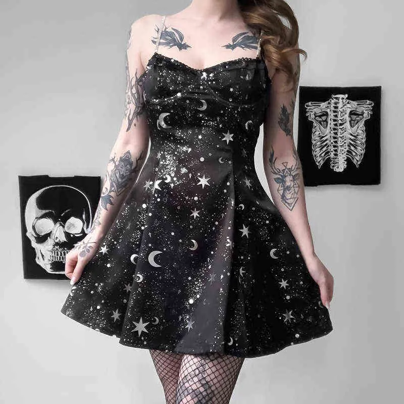 Kvinnor Klänning Space Star Moon V-Necktryck Klänning Svart Ärmlös Backless Party Dresses Slim Chain Axel Strap Sommar Klänningar Y1204