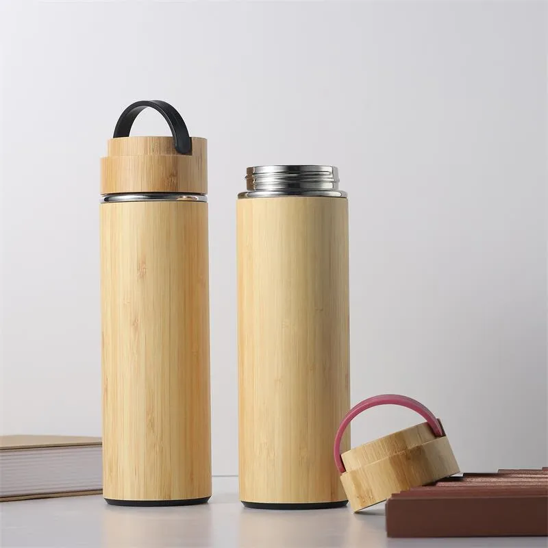 Bamboo Vacuum Insulated Water Bottles 450ml/ 500ml Stainless Steel Thermo with Tea Strainer