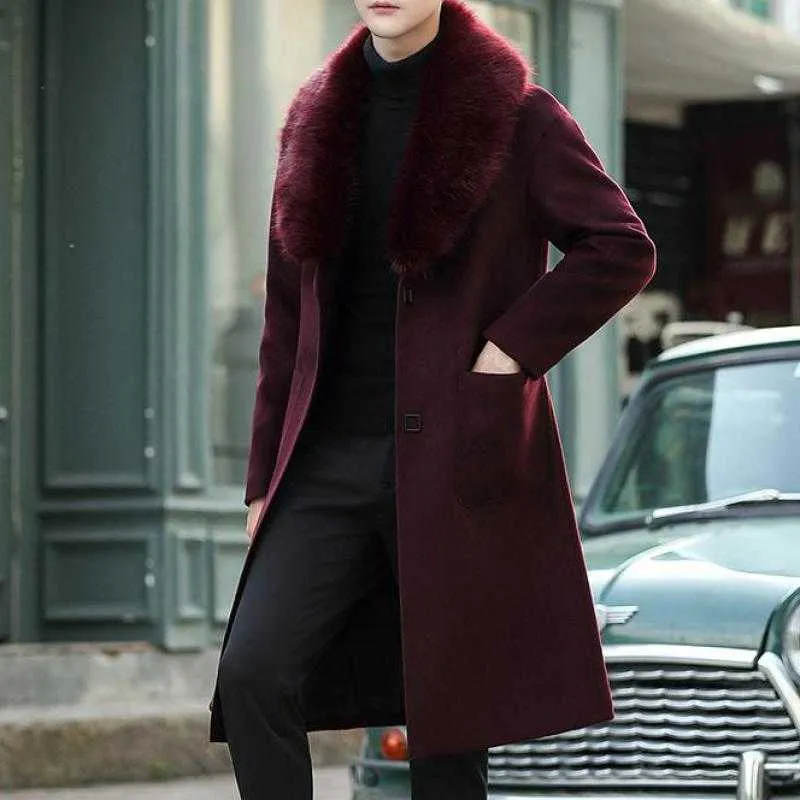 5XL Large Size Luxury Big Fur Claret Overcoats Mens Black Long Trench Coats For Mens Vintage Winter Coats Burgundy Warm Grey 211011