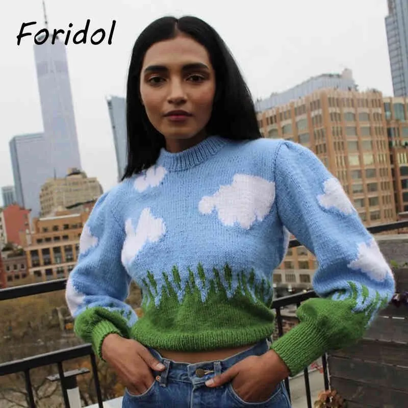 Foridol Mohair Vintage Blue Sweater Pullovers Kvinnor Lantern Sleeve Överdimensionerad Beskuren Jumper Short Casual Pull Femme 210415