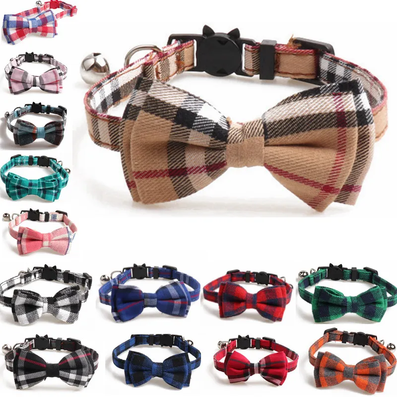 14 Colors Fashion Cat Collar Breakaway with Bell and Bow Tie Plaid Design Adjustable Safety Kitty Kitten British Style Collars Set 6.8-10.8in Blue