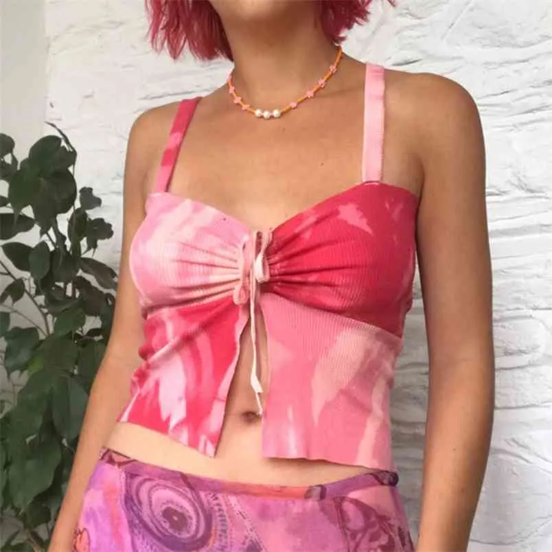 Tie Dye Drukowane Łatane Bandaż Sexy Cami Y2K Crop Top z cienkim paskiem Lato Chic Party Tee Topy Damska koszula Streetwear 210510