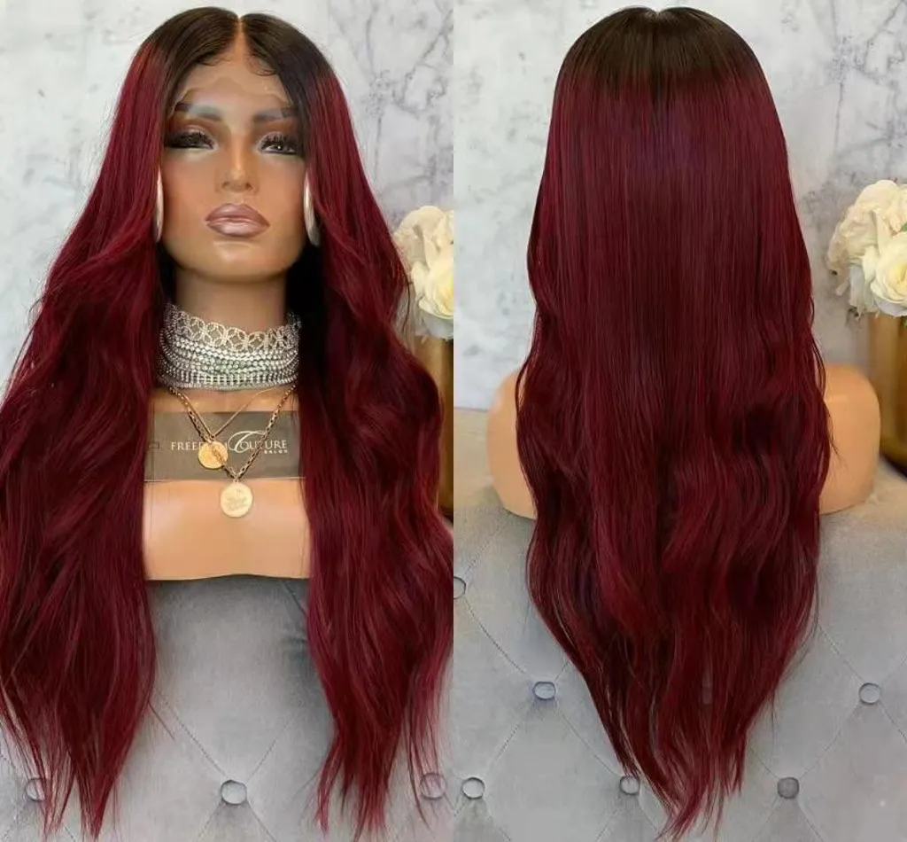 Lace 360 Frontal Long Body Wave Wigs Black Ombre Bury Red Brazilian Hair Synthetic Front Wig For Women