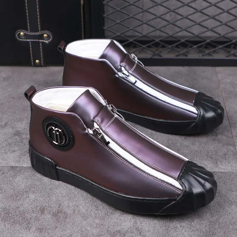 Punk Casual New British Street Style Street Stiefel Stiefel Männer High Top Reißverschluss Schwarzer unterer Flachplattform Schuhe F 42