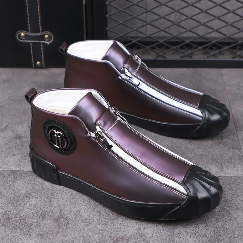 British Street New Punk Style Casual Ankle Boots Men High Top Zipper Black Bottom Flat Platform Shoes For Male 6838