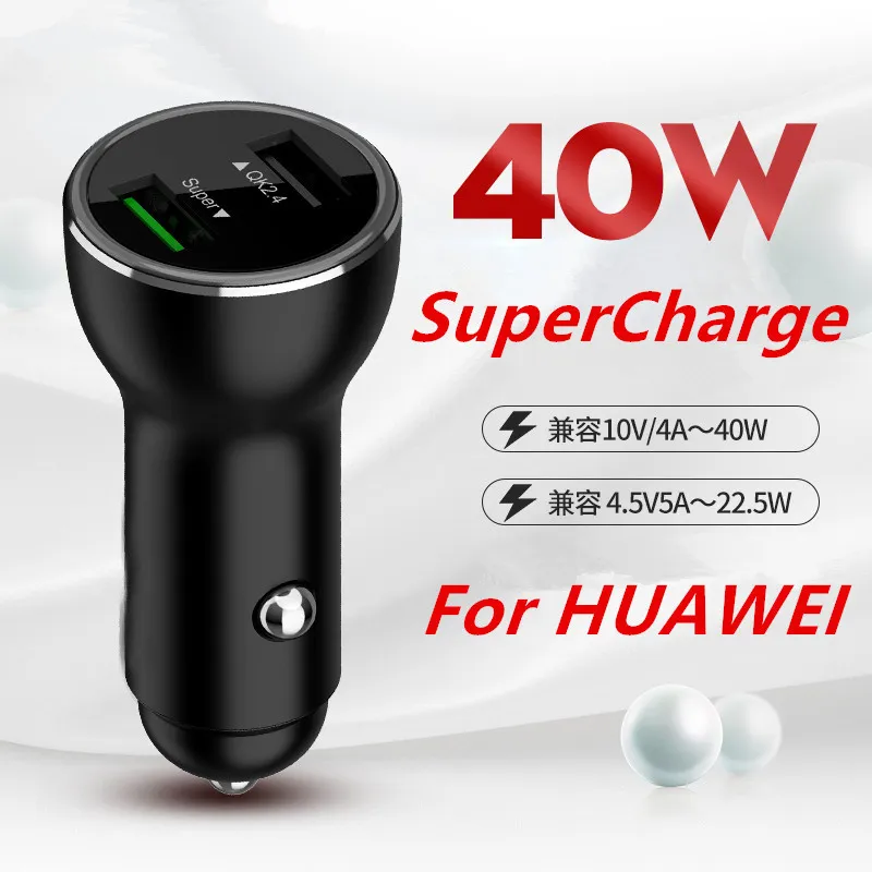 Per Huawei Caricabatteria da auto 40W Dual USB SuperCharge Adattatore di ricarica rapida per Mate 30 20 5G 10 9 X P40 P30 Pro P20